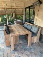 Steigerhouten tuintafel met 2 stoelen en 1 bank en 2 bijzet, Tuin en Terras, Tuinsets en Loungesets, Ophalen, Gebruikt, Bank, 6 zitplaatsen
