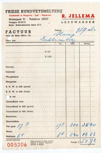 factuur Friese rundvetsmelterij R.Jellema te Leeuwarden 1962 beschikbaar voor biedingen