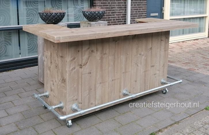 Bar op wielen buitenbar steigerhout buizen koelkast tuin, Huis en Inrichting, Overige Huis en Inrichting, Nieuw, Ophalen of Verzenden