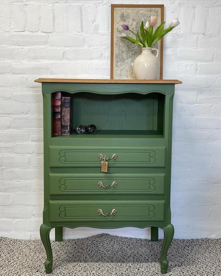 Queen ann kast opgeknapt hout groen neutraal, Huis en Inrichting, Kasten | Ladekasten, Zo goed als nieuw, Minder dan 100 cm, 50 tot 100 cm