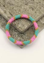Glaskralen armband - roze, groen en goud - RB112, Overige materialen, Verzenden, Nieuw, Nepalhandwerk.nl