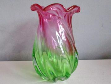Vintage vase glas kristal roze groene glazen vaas beschikbaar voor biedingen