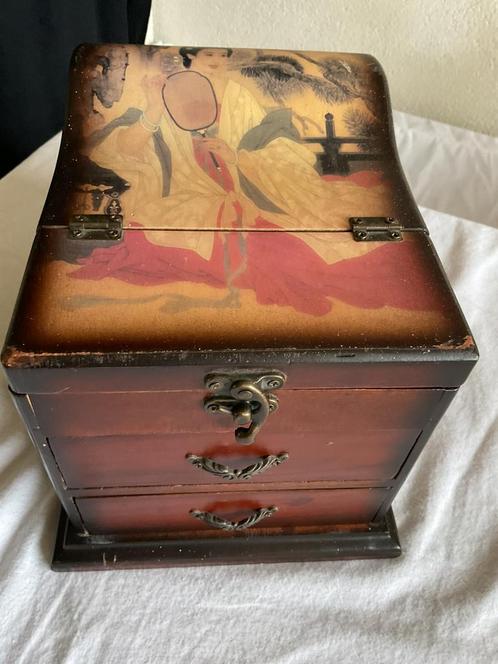Houten Tibetaanse  sieradendoosje kistje met spiegel, Antiek en Kunst, Antiek | Woonaccessoires, Ophalen of Verzenden
