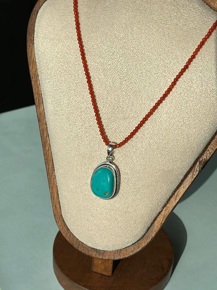 Italiaans Koraal & Turkoois Hanger Ketting, Sieraden, Tassen en Uiterlijk, Kettingen, Zo goed als nieuw, Zilver, Blauw, Ophalen of Verzenden