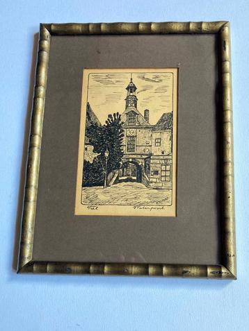 Pentekening Waterpoort Tiel 05-1933 in lijst 25,5 x 19,5 cm beschikbaar voor biedingen
