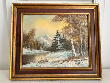 Vintage olieverf schilderij wintergezicht in lijst 32x27 beschikbaar voor biedingen