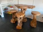 Bartafel met 3 krukken van teakhout, Ophalen, Zo goed als nieuw, 90 cm of meer, 3 krukken