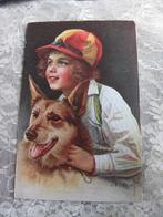 Oude Gesigneerde Kaart uit 1922 - Meisje met Herdershond, Verzenden, 1920 tot 1940, Gelopen, Kinderen