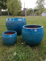 Super mooie grote bloempotten keramiek set van 3 blauw, Tuin en Terras, Bloempotten, 40 cm of meer, Rond, Nieuw, 40 tot 70 cm