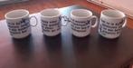 Set van 4 leuke mokken met verschillende spreuken., Ophalen of Verzenden, Zo goed als nieuw, Overige stijlen, Kop(pen) en/of Schotel(s)