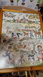 oud geborduurd schilderij boerenleven, Antiek en Kunst, Ophalen of Verzenden