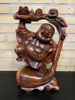 Grote hout Happy boeddha beeld schildpad en munt 42 cm, Antiek en Kunst, Kunst | Beelden en Houtsnijwerken, Ophalen of Verzenden