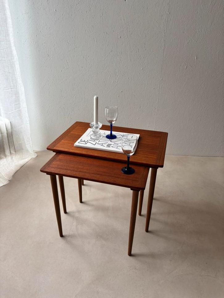 Set Deense jaren 60 mimiset bijzettafels teak, Antiek en Kunst, Antiek | Meubels | Tafels, Ophalen of Verzenden