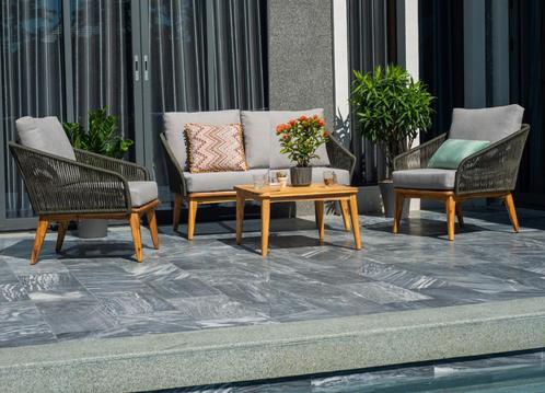 Marisol loungeset teaklook olijfgroen rope, Tuin en Terras, Tuinsets en Loungesets, Nieuw, Loungeset, Hardhout, 4 zitplaatsen