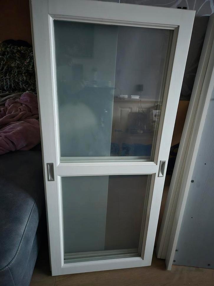 Witte schuifdeuren met glas, Doe-het-zelf en Verbouw, Deuren en Horren, Zo goed als nieuw, Binnendeur, Minder dan 200 cm, Minder dan 80 cm