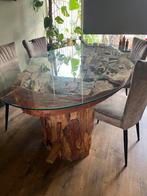 Ovale eettafel glasplaat met sloophout en 4 stoelen, Huis en Inrichting, Ophalen, 100 tot 150 cm, Glas, 200 cm of meer