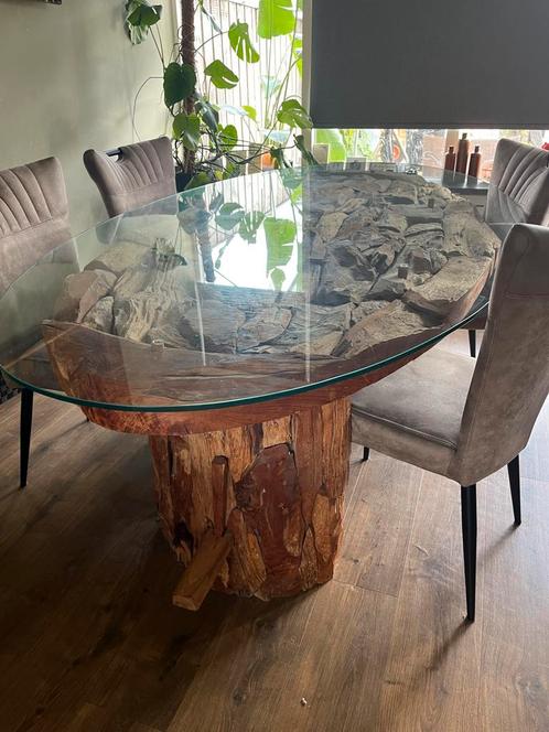 Ovale eettafel glasplaat met sloophout en 4 stoelen, Huis en Inrichting, Tafels | Eettafels, Zo goed als nieuw, 100 tot 150 cm