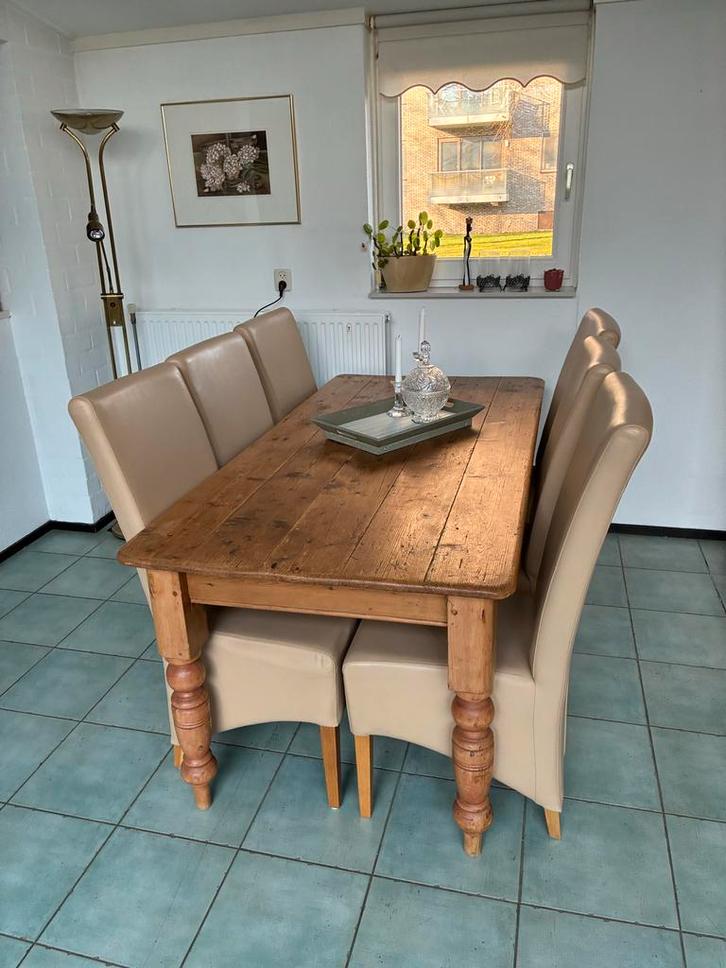 Grenen eethoek met lederen stoelen - 200x90, Huis en Inrichting, Complete eetkamers, Gebruikt, 4 tot 6 stoelen, Ophalen