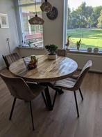 Ronde eettafel van mangohout met zwart metalen kruispoot, Ophalen, Zo goed als nieuw, Metaal, Vier personen