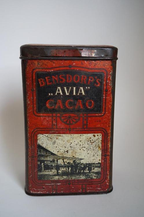 zeldzaam blik bensdorp's cacao avia vliegenier morane garros, Verzamelen, Blikken, Gebruikt, Overige, Overige merken, Ophalen of Verzenden