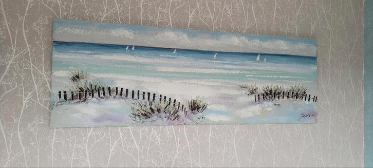 Schilderij van een strand met zeilboten, Antiek en Kunst, Kunst | Schilderijen | Klassiek, Ophalen of Verzenden