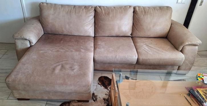 Lederen bankstel 2 en 3 zitter met lounge deel gebruikt, Huis en Inrichting, Banken | Complete zithoeken, Gebruikt, Leer, Ophalen