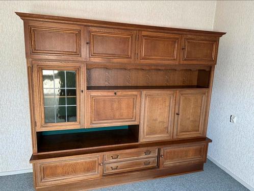 Klassiek eiken wandkast met glas in lood, Huis en Inrichting, Kasten | Wandmeubels, Gebruikt, 150 tot 200 cm, 200 tot 250 cm, Met lade(s)