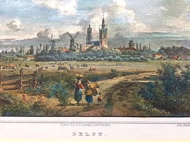 Delft + Trein Staalgravure 1858 Ingekleurd + Ingelijst, Antiek en Kunst, Kunst | Etsen en Gravures, Ophalen of Verzenden