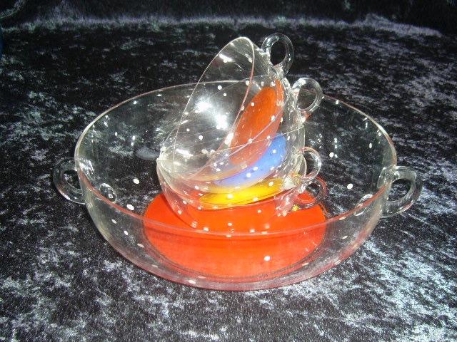 Bowlset Glas Retro Emaille Gekleurd Dots, Antiek en Kunst, Antiek | Glas en Kristal, Ophalen