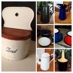 Emaille kan koffiepot groen/blauw /wit b.v. bloemen zoutpot, Ophalen of Verzenden