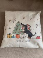 Kerst sierkussentje met vrolijk teckel dessin, Ophalen of Verzenden, Zo goed als nieuw