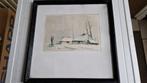 oude tekening ets aquarel ? winter landschap gesigneerd, Ophalen of Verzenden