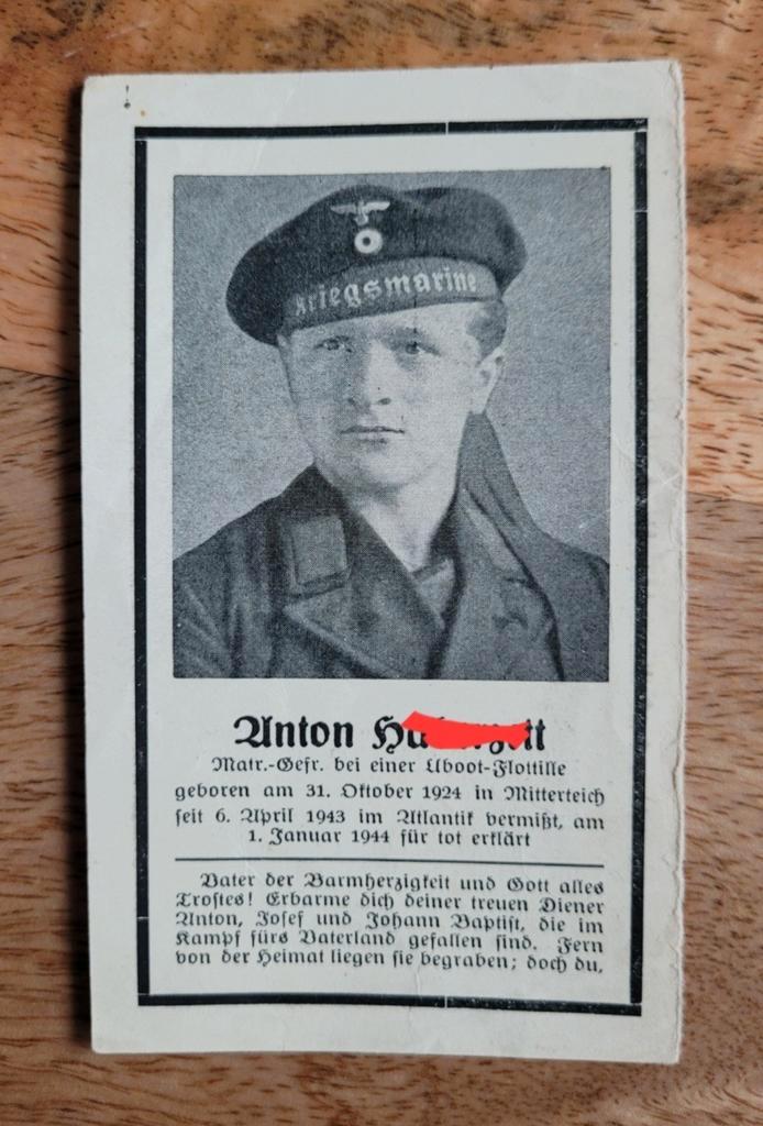 Duits WK2 Kriegsmarine WW2 Matroos U-Boot Flottille 1943 WO2, Verzamelen, Bidprentjes en Rouwkaarten, Bidprentje, Ophalen of Verzenden