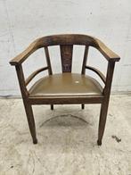 Antieke houten bureaustoel, met bruine zitting, Gebruikt