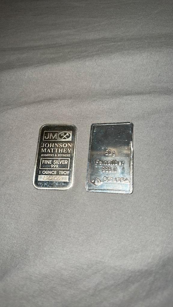 Zilver 1oz en 50 gram, Postzegels en Munten, Edelmetalen en Baren, Zilver, Ophalen