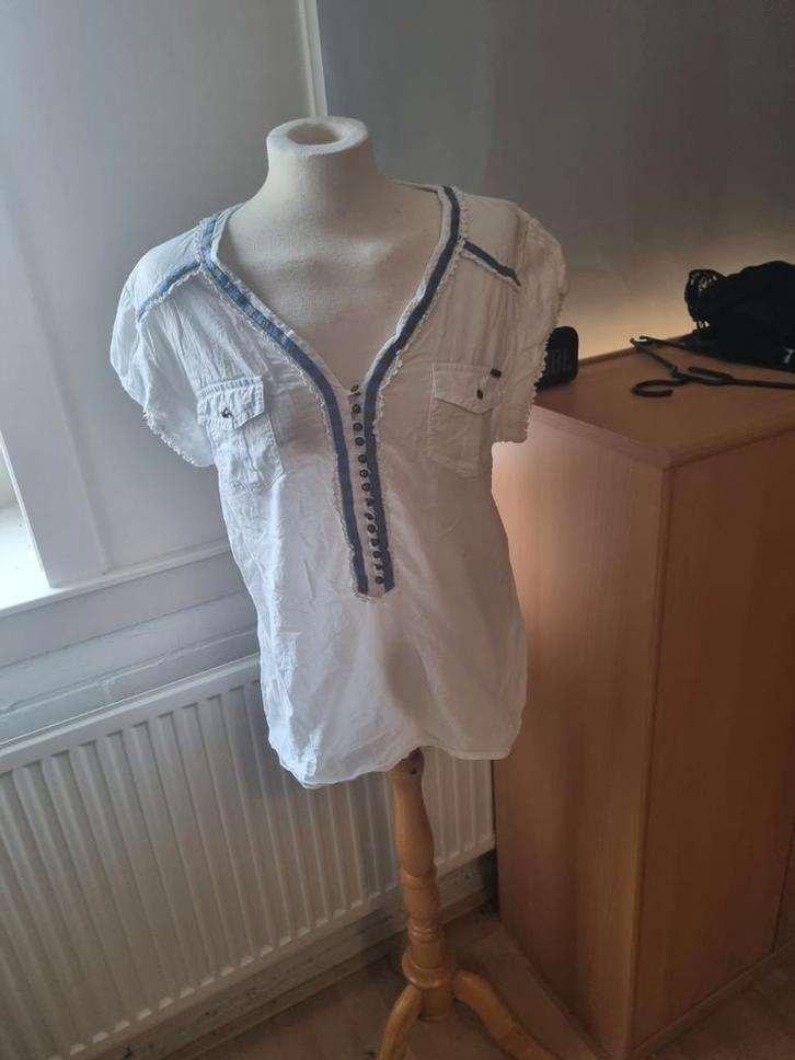 Witte Didi blouse met blauw/groene accenten - XL, Kleding | Dames, Blouses en Tunieken, Zo goed als nieuw, Maat 46/48 (XL) of groter