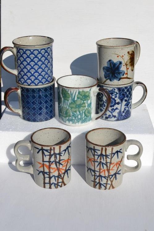 Vintage mokken bekers keramiek stijl Japan grijs blauw bruin, Huis en Inrichting, Keuken | Servies, Kop(pen) en/of Schotel(s)