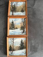 3 kleine schilderijtjes sneeuwlandschap, Minder dan 50 cm, Gebruikt, Ophalen of Verzenden, Schilderij