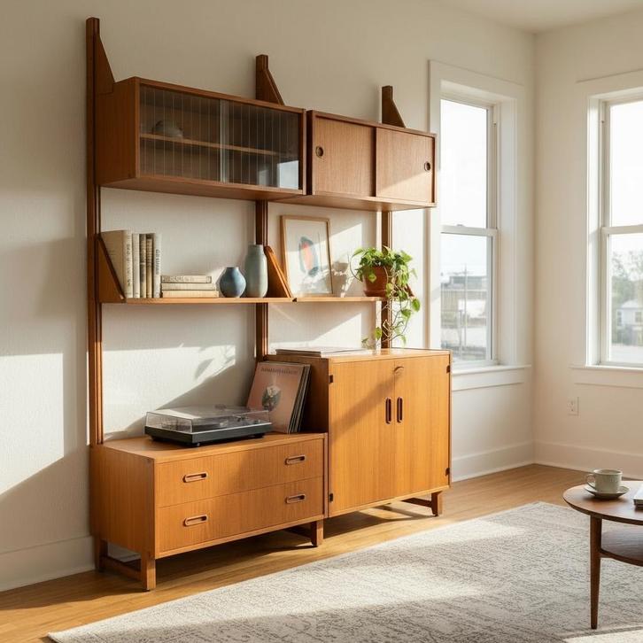 Uniek Zweeds vintage wandmeubel uit de jaren ’50, Huis en Inrichting, Kasten | Wandmeubels, Gebruikt, 150 tot 200 cm, 150 tot 200 cm