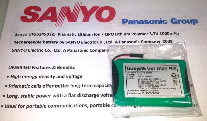 Sanyo UF553450 LIPO Lithium Li-ion 3.7V 1000mA Accu Batterij, Audio, Tv en Foto, Accu's en Batterijen, Nieuw, Oplaadbaar, Ophalen of Verzenden