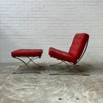 Design fauteuil Barcelona Chair met ottoman Rood leer, Huis en Inrichting, Fauteuils, Ophalen, Gebruikt, 50 tot 75 cm, Leer