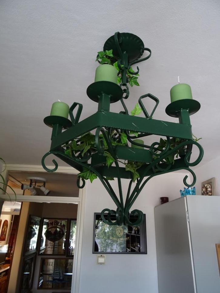Retro, zware smeedijzeren KROONLUCHTER voor 6 stomp kaarsen, Huis en Inrichting, Lampen | Kroonluchters, Gebruikt, Kunststof, Metaal
