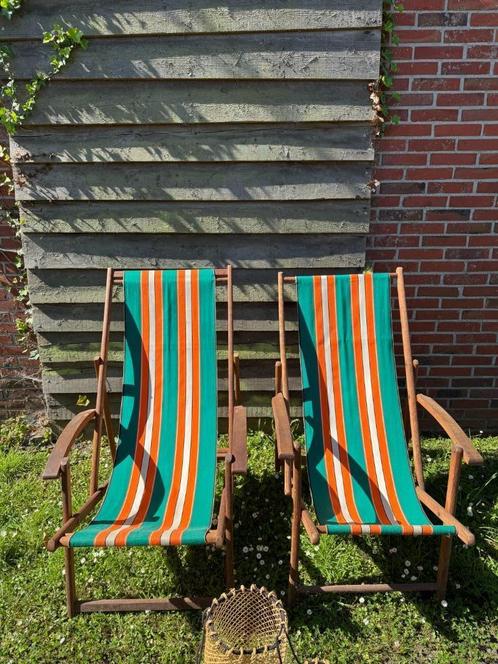 RETRO VINTAGE STRANDSTOEL 2 STUKS , PRIJS PER 2 € 100, Tuin en Terras, Tuinstoelen, Gebruikt, Hout, Inklapbaar, Verstelbaar, Ophalen