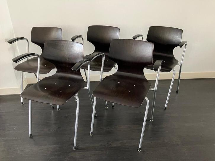 Vintage Flötotto Plywood design eetkamer stoelen, 5 stuks., Huis en Inrichting, Stoelen, Gebruikt, Vijf, Zes of meer stoelen, Hout