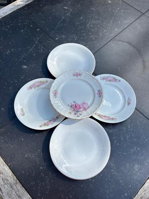 Porseleinen ontbijtborden roze bloem goud,vintage, Antiek en Kunst, Antiek | Servies los, Ophalen of Verzenden