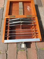 antiek prachtig houten kistje met druk-kalibreerplaten €32, Ophalen of Verzenden