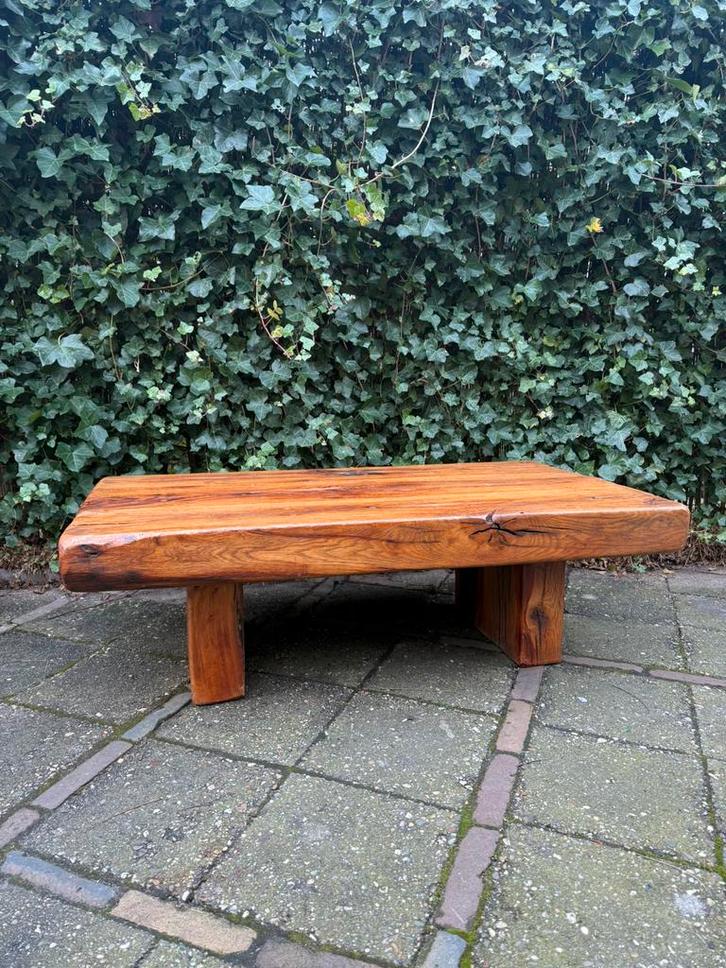Brutalistische Wabi-Sabi massief eiken salontafel, Huis en Inrichting, Tafels | Salontafels, Ophalen