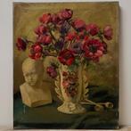 Groot antiek anemonen olieverf schilderij, Ophalen of Verzenden