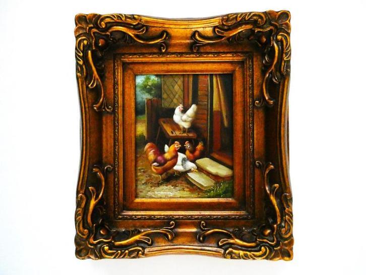 Schilderij haan / kippen pluimvee fraaie goudvergulde lijst, Antiek en Kunst, Kunst | Schilderijen | Klassiek, Ophalen of Verzenden