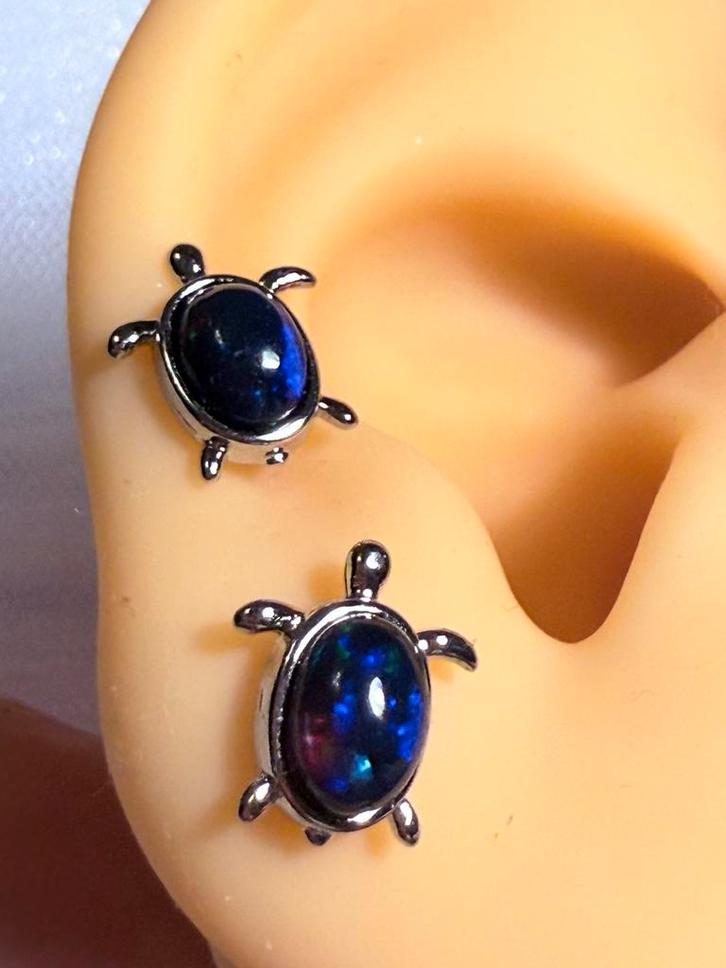 Blauwe Opaal Schildpad Oorbellen - Zilver, Sieraden, Tassen en Uiterlijk, Oorbellen, Nieuw, Knopjes of Stekers, Zilver, Blauw